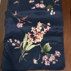 Echo Long Silk Scarf - Floral Print on Navy bkgd 52”x11”